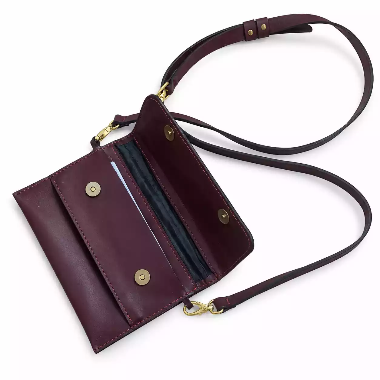 Crossbody Bag with Multi Pockets – Wine Red Leather - open