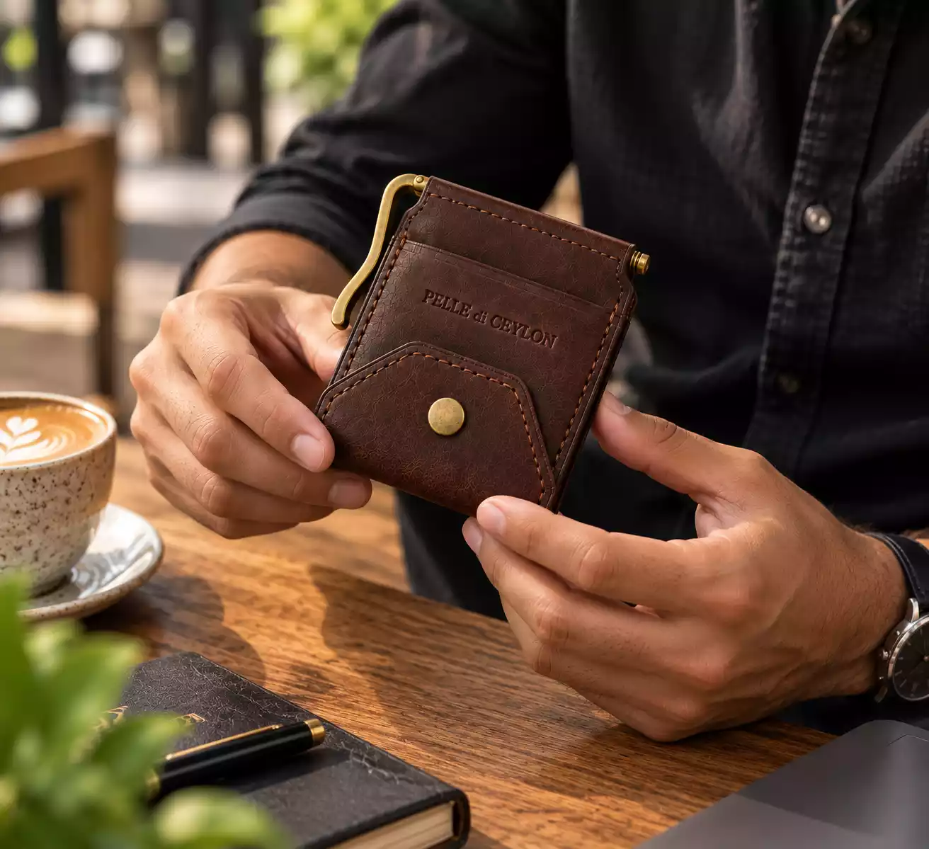 The Money Clip Wallet – Brown Oil Pull-Up Leather Wallet Open 3