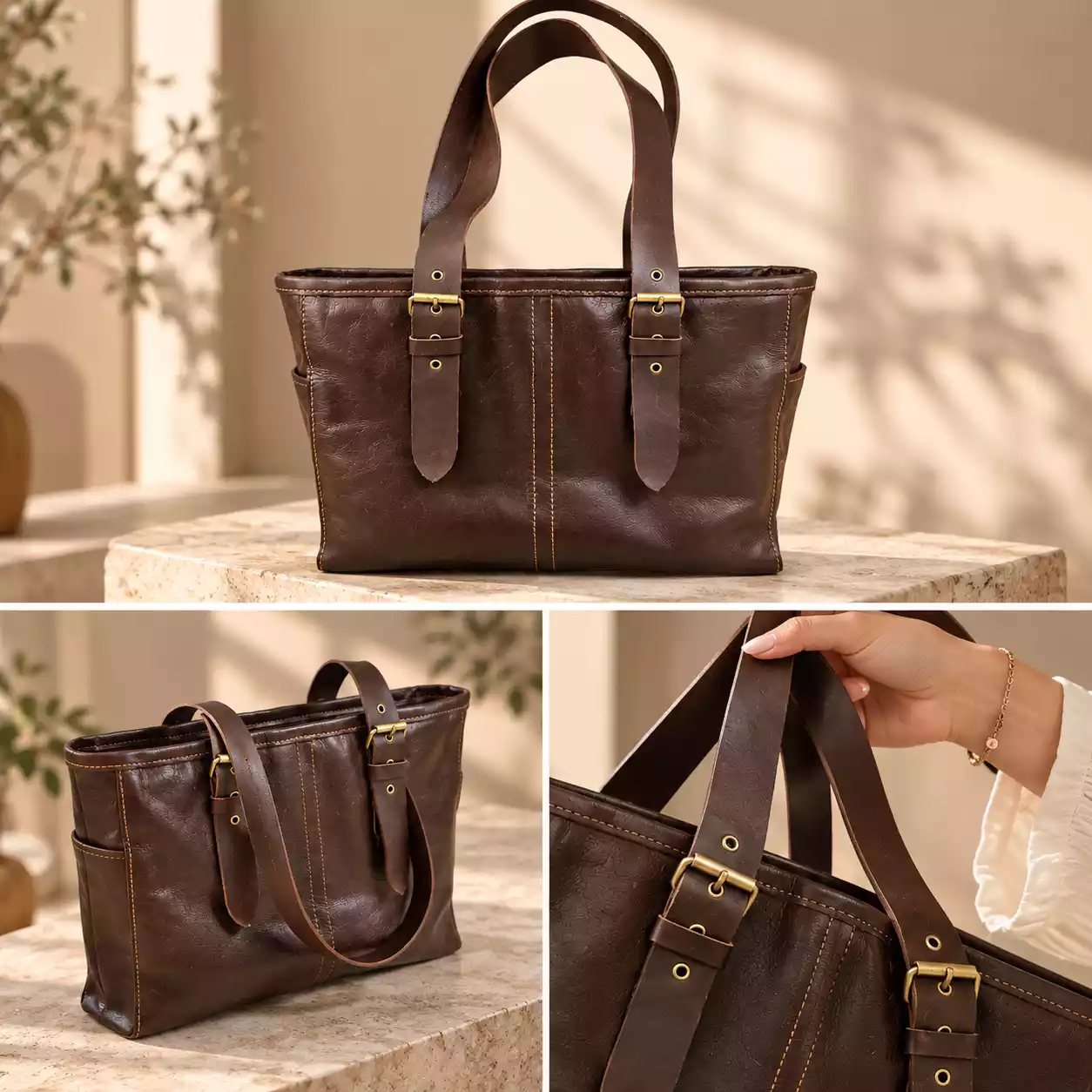 Broad Handle Shopping Tote – Dark Coffee Brown Leather Tote placeholder 3