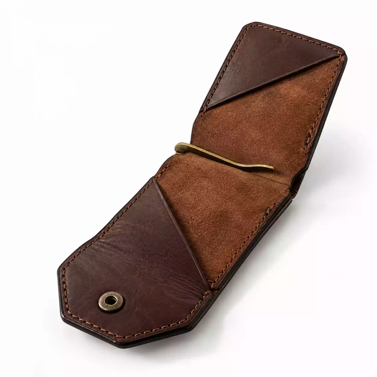 The Money Clip Wallet – Brown Oil Pull-Up Leather Wallet Open