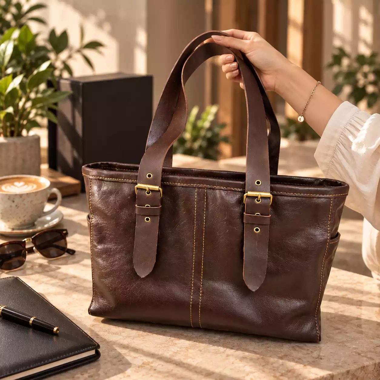 Broad Handle Shopping Tote – Dark Coffee Brown Leather Tote placeholder 2