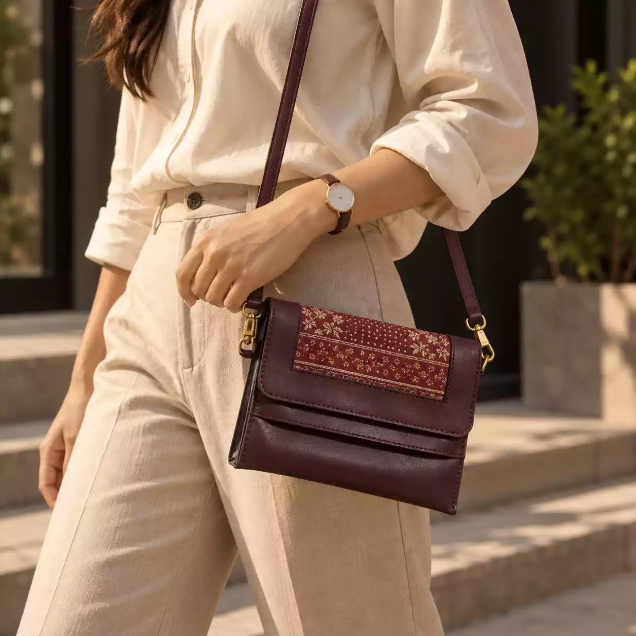 Crossbody Bag with Multi Pockets – Wine Red Leather Placeholder 3