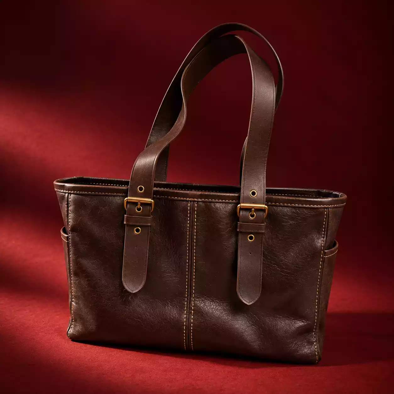 Luxury Brown Leather tote on Burgundy
