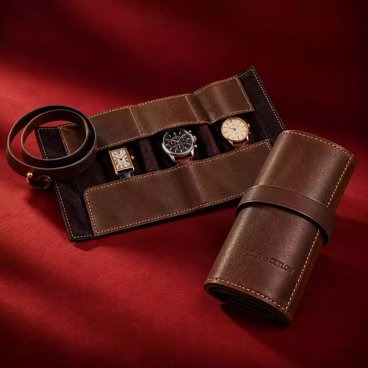 Luxury Leather Watch Roll Collection on Burgundy