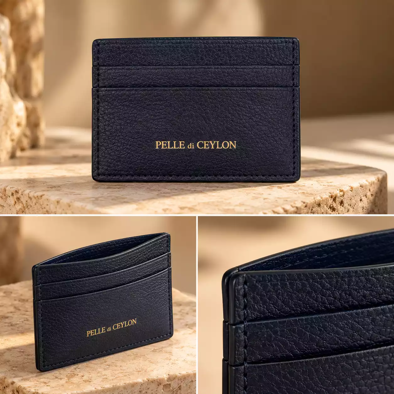 Luxury Navy Leather Card Holder Triptych