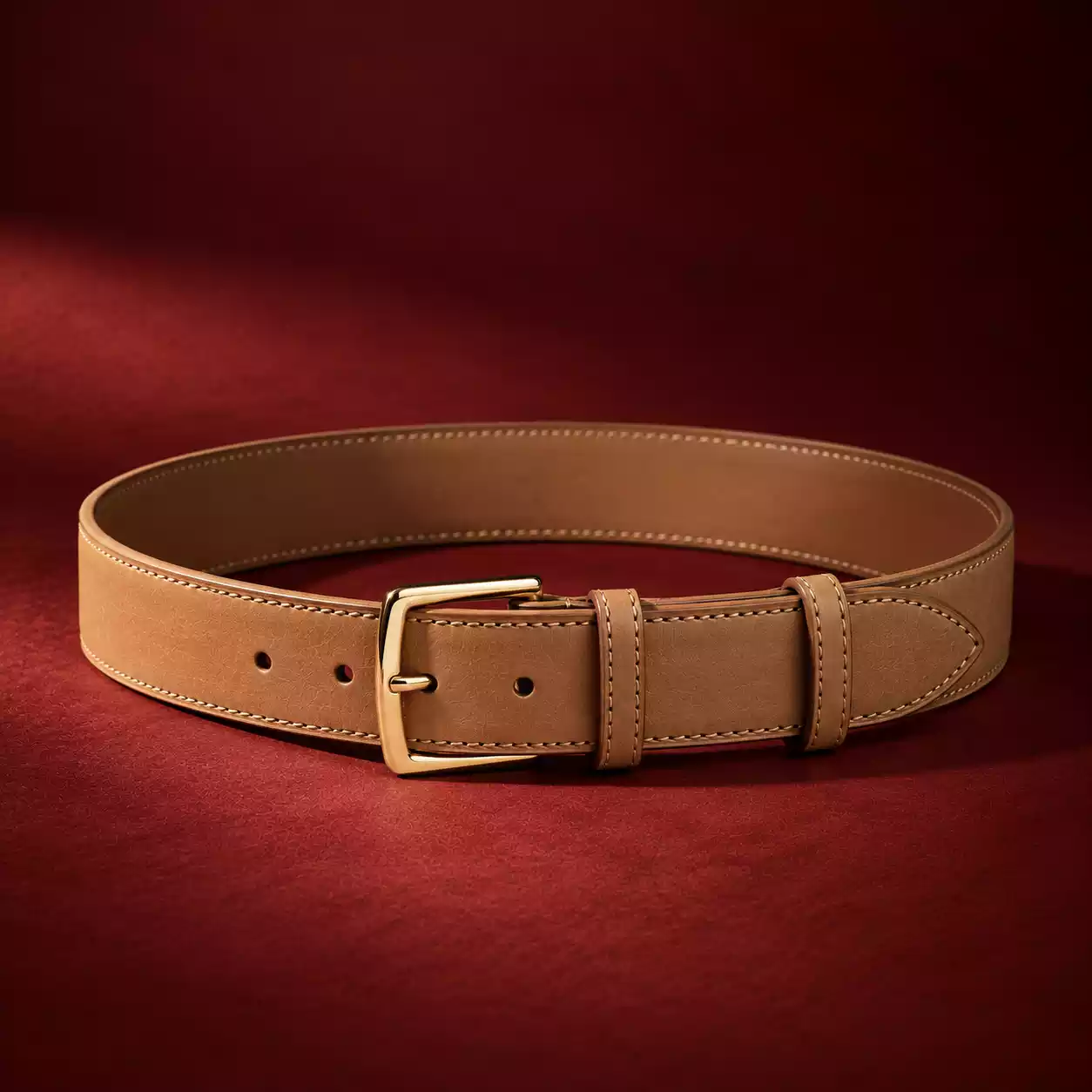 Luxury Tan Leather Belt on Burgundy