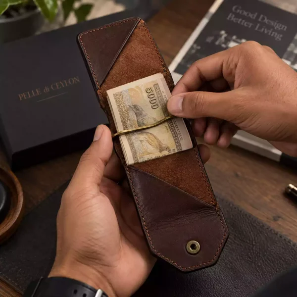 The Money Clip Wallet – Brown Oil Pull-Up Leather Wallet Open 1